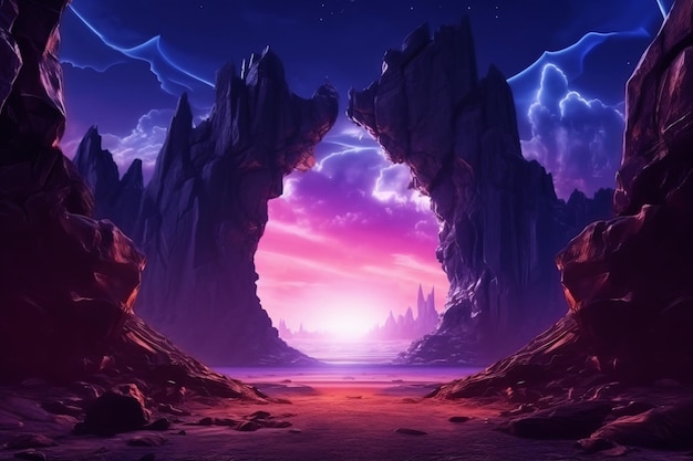 fantasy landscape with a portal and a planet in the background