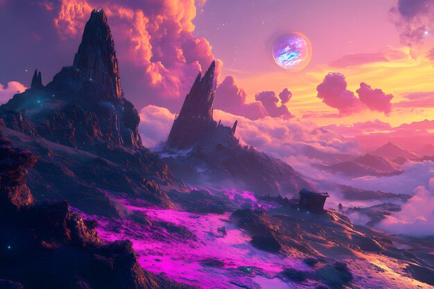 A Fantasy Landscape with Purple Sky and Mountains