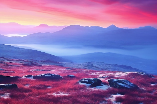 Fantasy landscape with red meadow and mountains at sunset