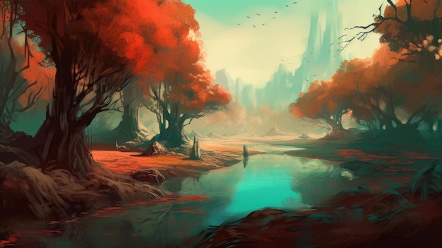 Fantasy landscape with river trees and sky