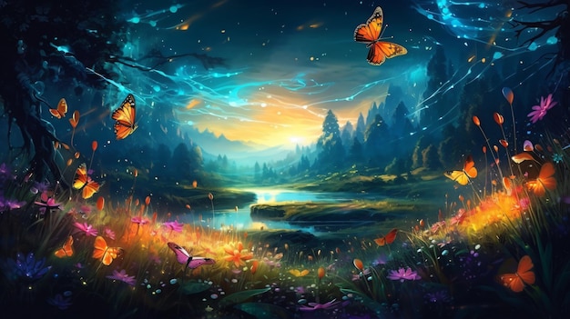 fantasy landscape with sparkles and butterfly vector illustration