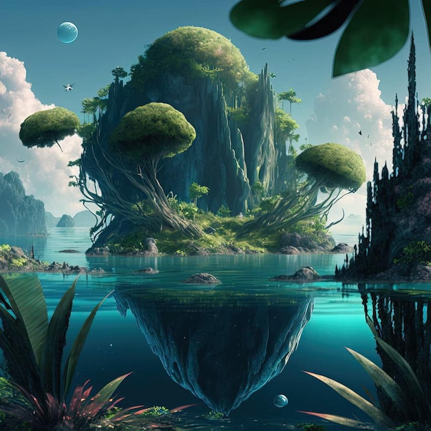 A fantasy landscape with a tree on the bottom and a small island with a forest on the bottom.