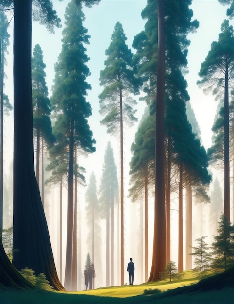 Fantasy landscape with trees and a man walking in the forest