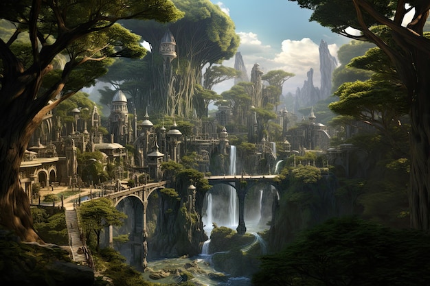 Fantasy landscape with a waterfall and a bridge 3d rendering AI Generated