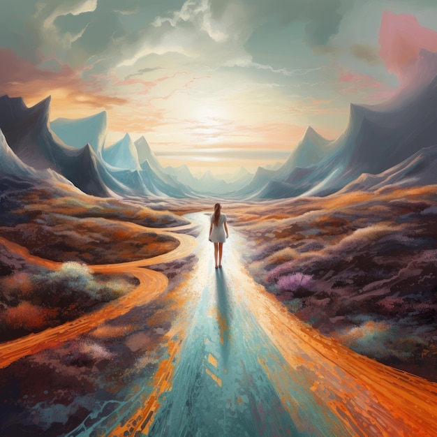 Fantasy landscape with a woman walking on the road in the mountains