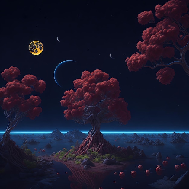 Fantasy landscapes luminous trees the moon in the background rivers and water