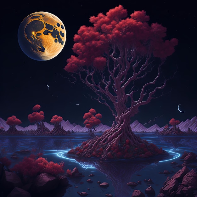 Fantasy landscapes luminous trees the moon in the background rivers and water