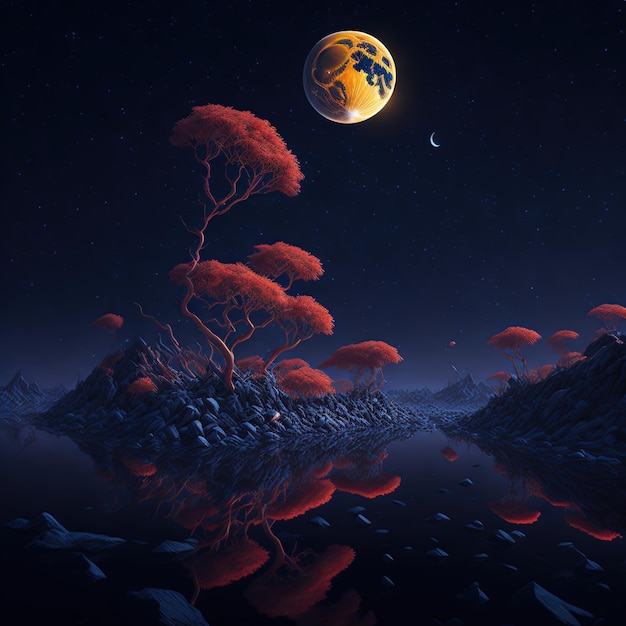 Fantasy landscapes luminous trees the moon in the background rivers and water