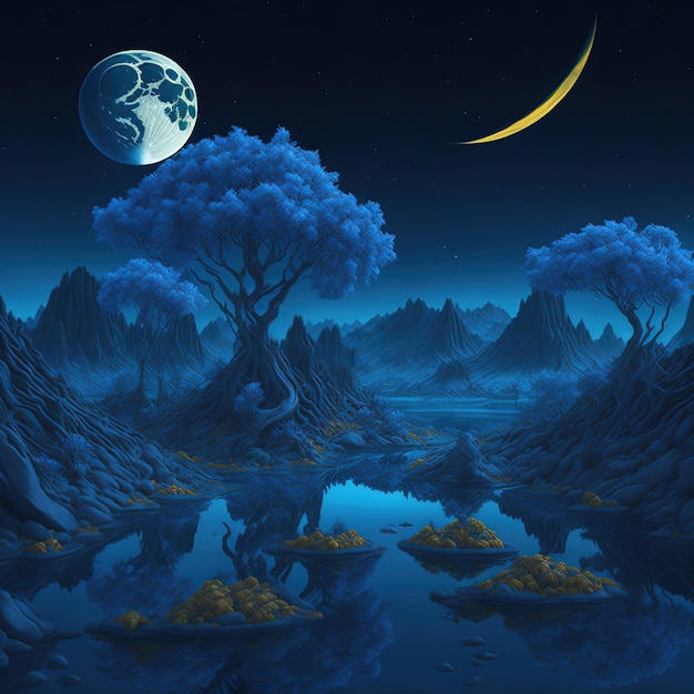 Fantasy landscapes luminous trees the moon in the background rivers and water