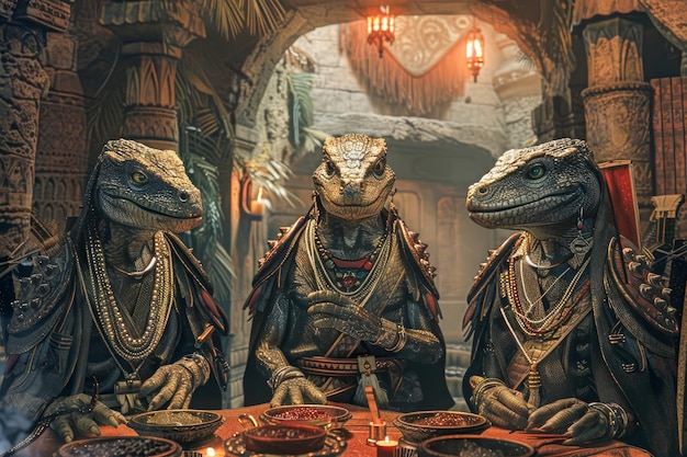 Fantasy Lizard Folk Gathering in Ancient Chamber for Mystical Banquet with Candlelight