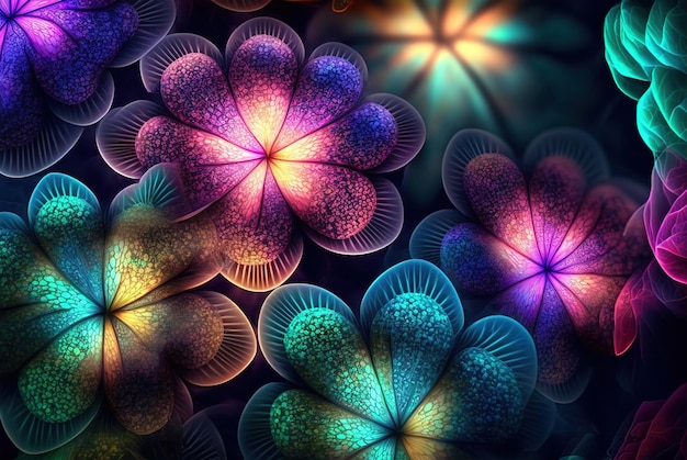 Fantasy luminous flowers beautiful floral background top view generative AI