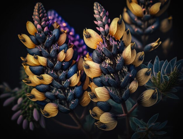 Fantasy lupine plants and glowing flowers background close up