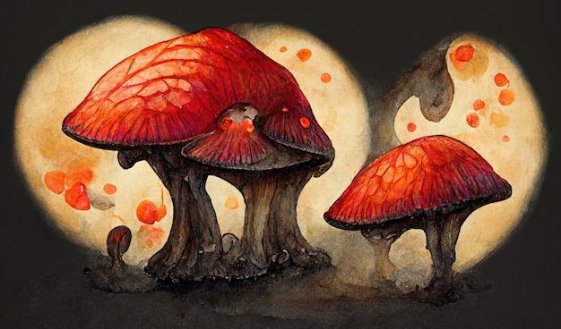 Fantasy magic mushrooms glowing in the dark Illustration aquarelle painting