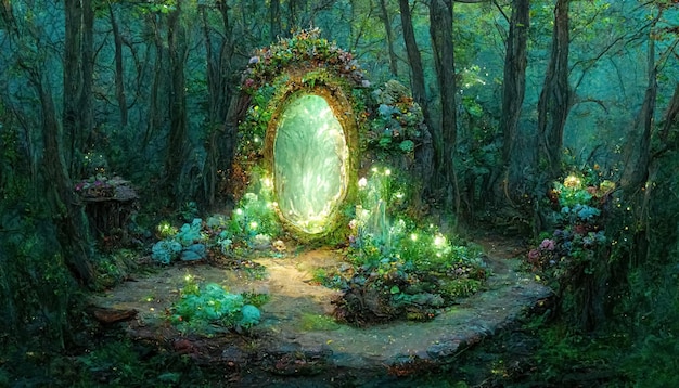 Fantasy magic portal in mystic fairy tale forest Fairy door to the parallel world 3D illustration