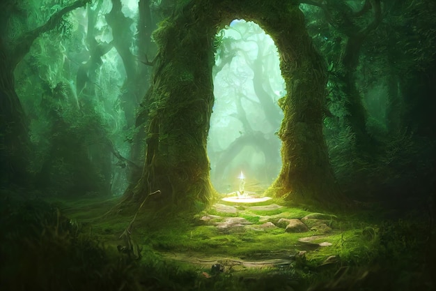 Fantasy magic portal. Portal in the elven forest to another world. Digital art. Illustration.