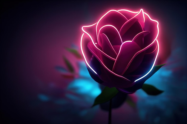 Fantasy magical dark background with magic rose flower reflection neon light on edge