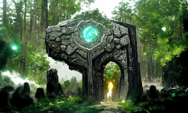 Photo fantasy magical fairytale portal in the forest round stone portal teleport in trees to other worlds fantastic landscape magic altar in the forest