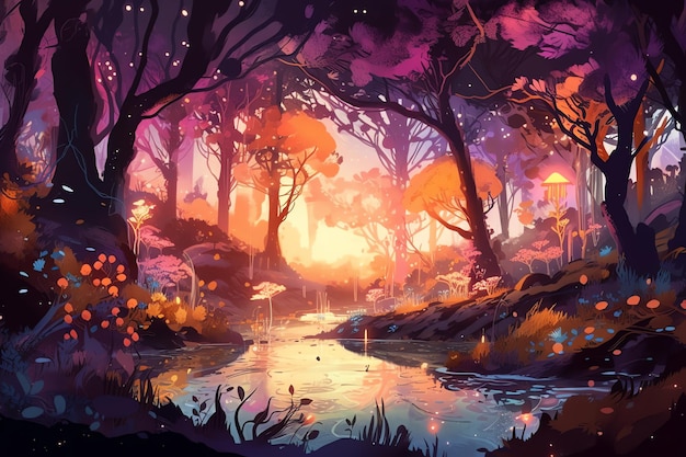 fantasy magical forest and lake illustration concept art