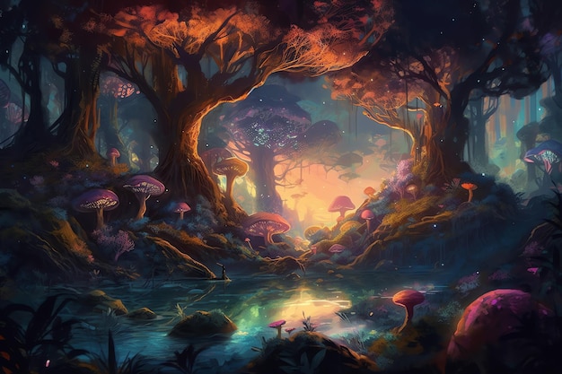 fantasy magical forest and lake illustration concept art