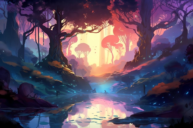 fantasy magical forest and lake illustration concept art