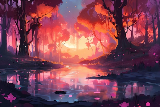 fantasy magical forest and lake illustration concept art