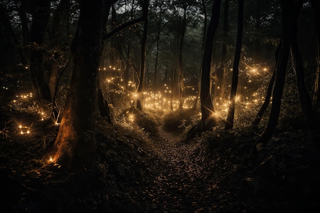 Fantasy magical forest with glowing lights Generative AI