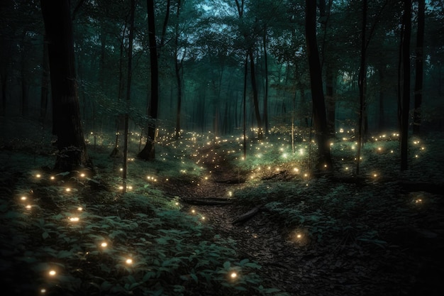 Fantasy magical forest with glowing lights Generative AI