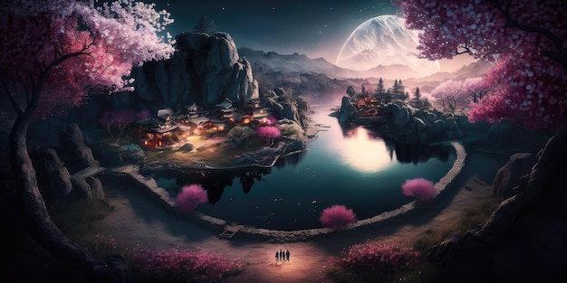 Fantasy magical landscape with pink blossoms and blue lagoon lake