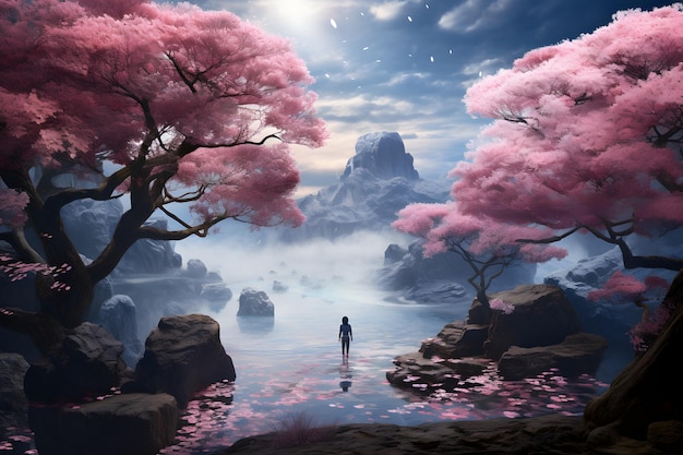 Fantasy magical landscape with pink blossoms and blue lagoon lake