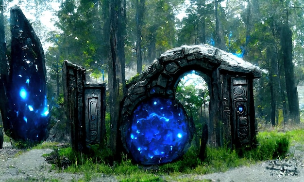 Photo fantasy magical stone fairytale portal gate in the forest round stone portal teleport in trees to other worlds fantastic landscape magic altar in the forest 3d illustration