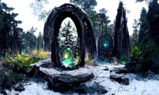 Fantasy Magical stone fairytale portal gate in the forest Round stone portal teleport in trees to other worlds Fantastic landscape Magic Altar in the forest 3d illustration