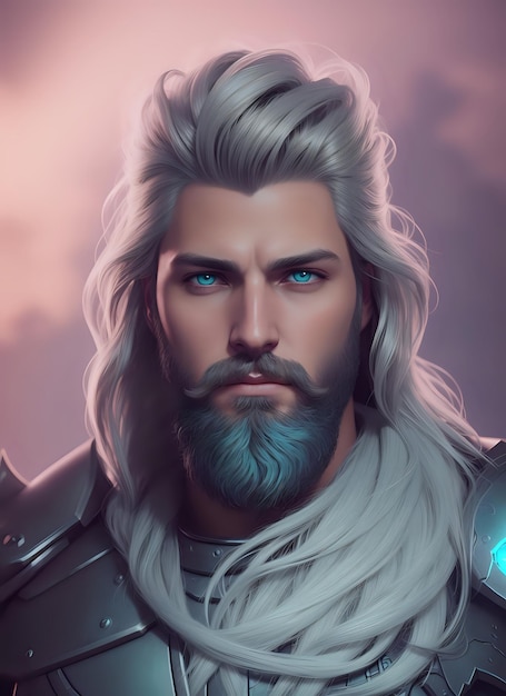 A fantasy male character with a white and gray beard