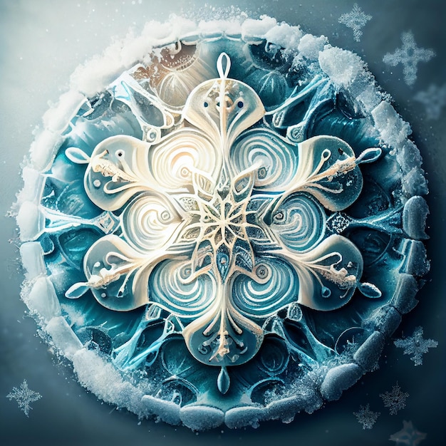 Photo fantasy mandala made of ice in snow 3d render