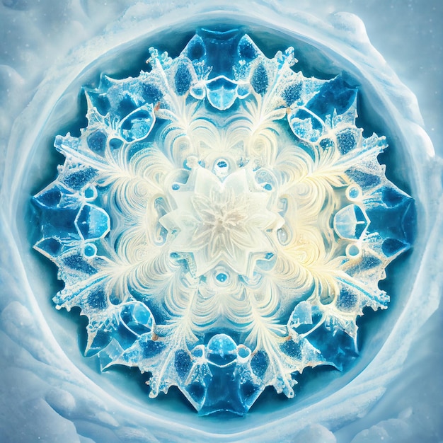 Photo fantasy mandala made of ice in snow 3d render