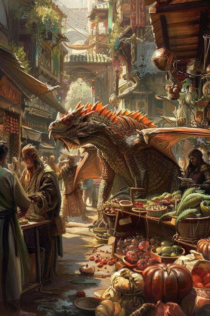 A fantasy market where magical creatures and enchanted items are bought and sold