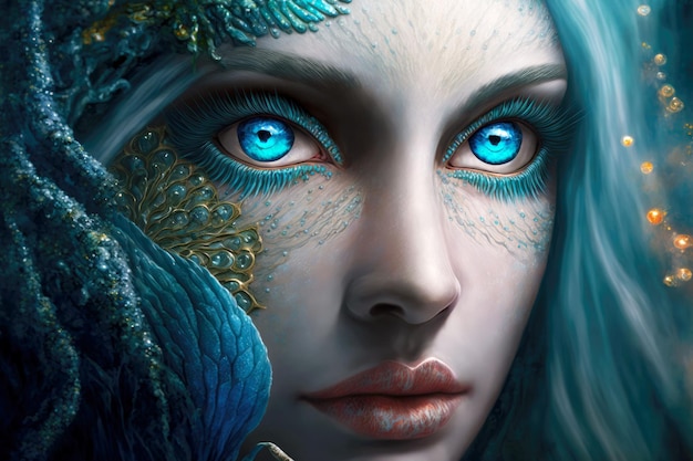 Fantasy mermaid with big beautiful blue eyes