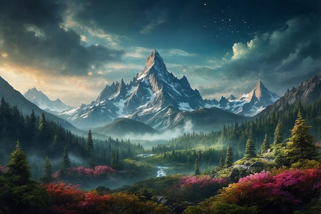 Fantasy mountain forest landscape