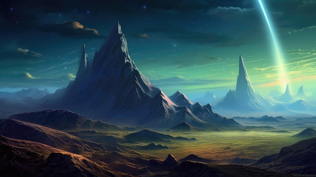 Fantasy mountain landscape on cosmic alien planet with starry sky Picturesque generative AI