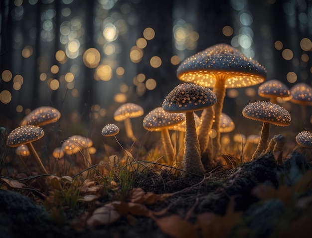 Fantasy mushroom landscape in the forest created with Generative AI technology