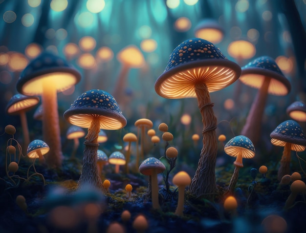 Fantasy mushroom landscape in the forest created with Generative AI technology