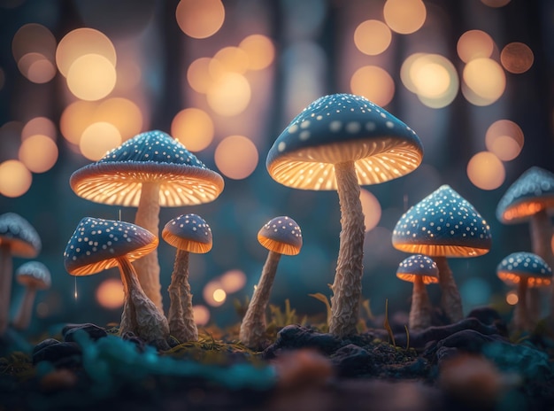 Fantasy mushroom landscape in the forest created with Generative AI technology