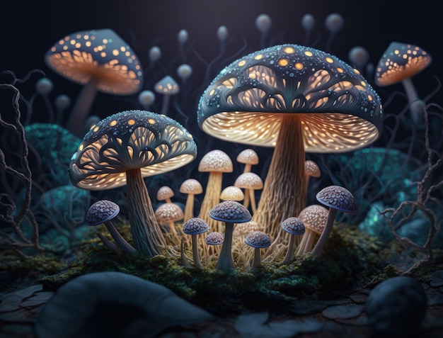 Fantasy mushroom landscape in the forest created with Generative AI technology