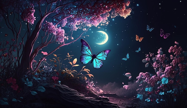 Fantasy natural environment with butterfly 3D rendering