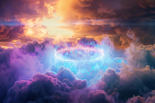 Photo fantasy neon circle artistic neon light design in a fantasy landscape with glowing circle and cloud