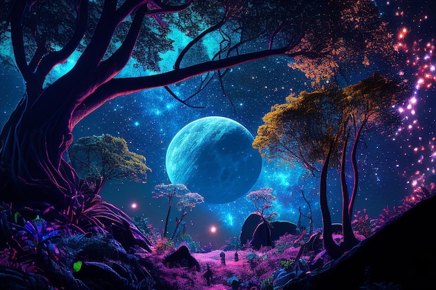 Fantasy of neon forest glowing colorful like fairytale Created with Generative AI technology