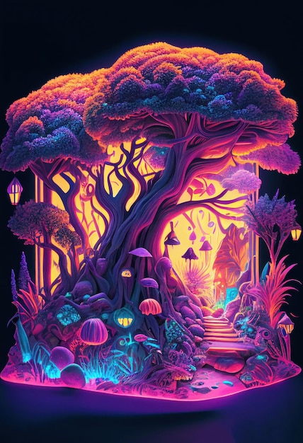 Fantasy of neon forest glowing colorful like fairytale Created with Generative AI technology