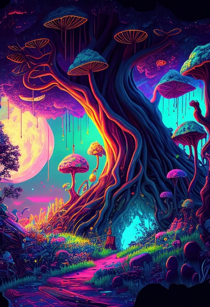 Fantasy of neon forest glowing colorful like fairytale Created with Generative AI technology