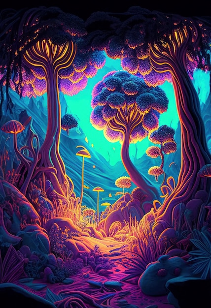 Fantasy of neon forest glowing colorful like fairytale Created with Generative AI technology