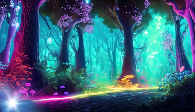 Fantasy of neon forest glowing colorful like fairytale Created