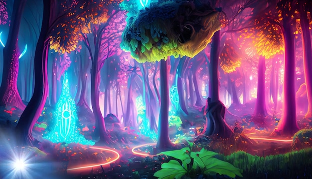 Fantasy of neon forest glowing colorful like fairytale Created